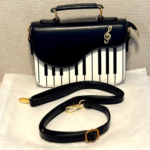 Handbags - Black and White Piano Design Handbag or Adjustable Crossbody Bag